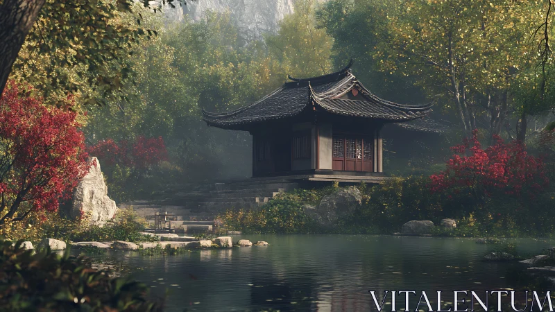 Lakeside pagoda nestles in misty forest garden sanctuary.
