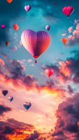 Heart-Shaped Hot Air Balloons Flying Through Sunset Sky