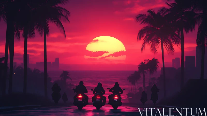 Motorcyclists travel toward coastal horizon under stylized sunset