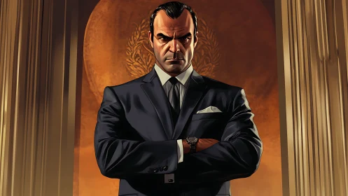 Steel-eyed power broker framed in golden command light.