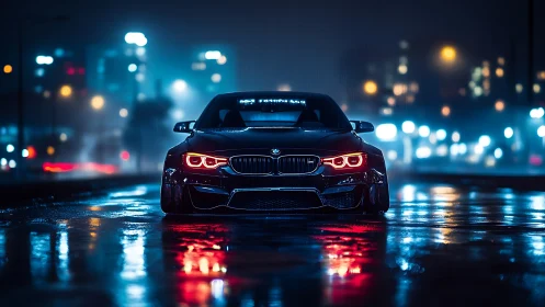 Midnight BMW sedan on neon city rain street front view.