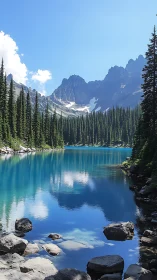 Glacial lake with conifer forest and stratified peaks under clear sky