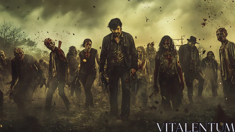 Cinematic zombie horde tableau with central armed survivor.