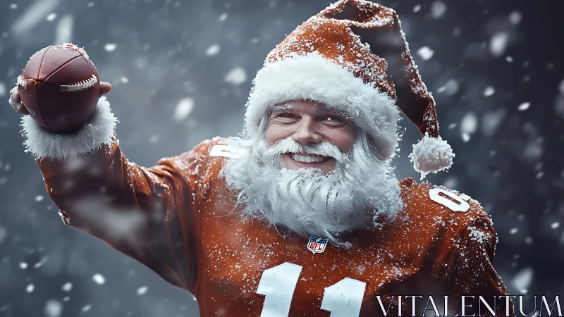 Santa-costumed football player holding ball in snowfall scene.