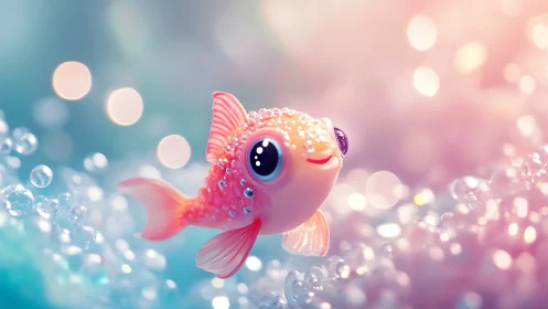 Bokeh-illuminated stylized goldfish in iridescent bubble field.