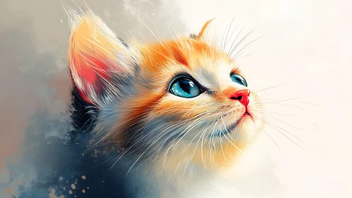 Ginger Cat with Blue Eyes Rendered in Watercolor Style