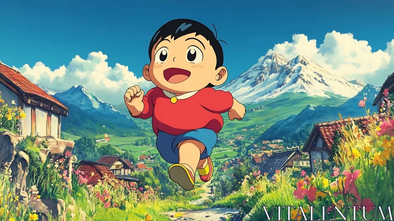Joyful boy running through a bright mountain village path.