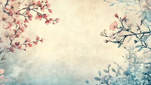 Soft blossom branches frame a tranquil vintage canvas space