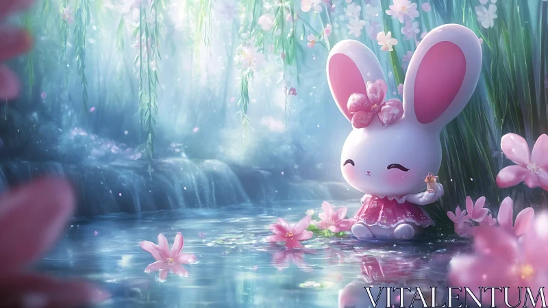 Cute bunny doll by pastel waterfall in flower pond.