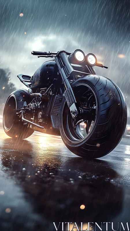 Custom cyber street motorcycle under cinematic rainstorm lighting.
