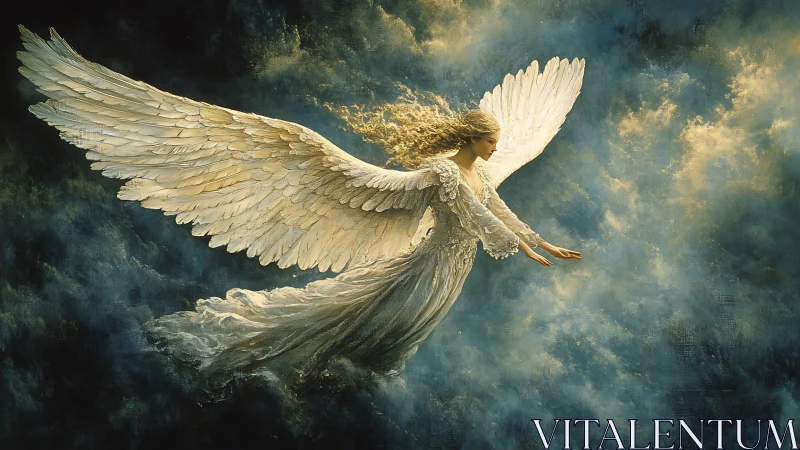 Luminous winged seraph in dynamic atmospheric ascension.