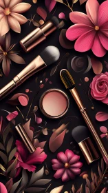 Cosmetic brushes and florals in rose-gold digital still life.