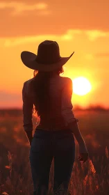 Cowgirl silhouette soaking in a quiet prairie sunset glow.