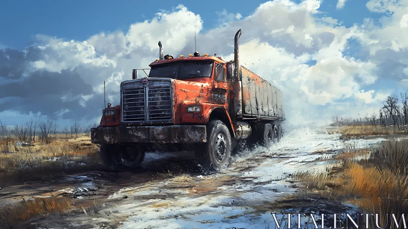 Rust-red freight titan storms through thawing prairie road.