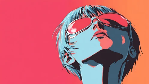 Cool blue-haired dreamer soaking in bold neon sunshine.