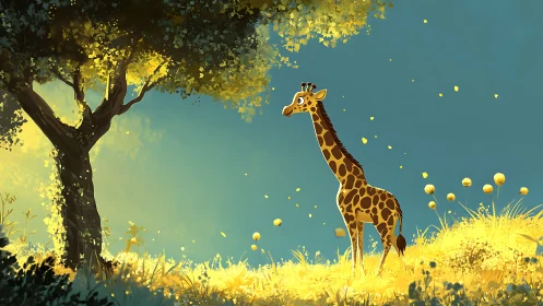 Sun-tipped giraffe pauses where floating petals paint daylight