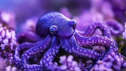 Purple octopus rests among blurred lilac coral structures