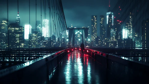 Nighttime city bridge scene shows lone figure in rain