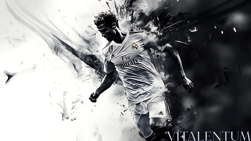 Monochrome digital rendering shows soccer player mid-stride