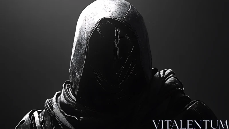 Hooded cybernetic wraith rendered in stark chiaroscuro lighting