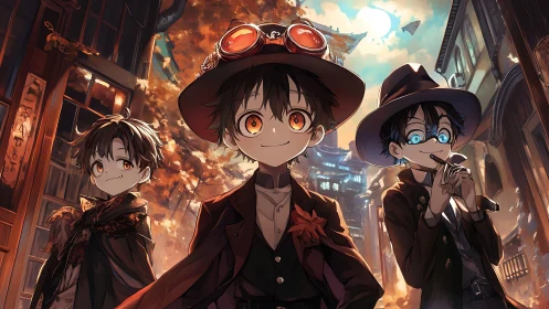 Three stylish boys walk through glowing steampunk alley