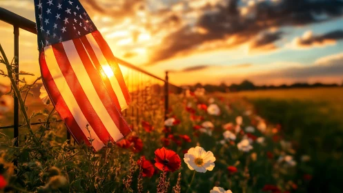 Sunlit American flag drifts gently above a glowing flower field