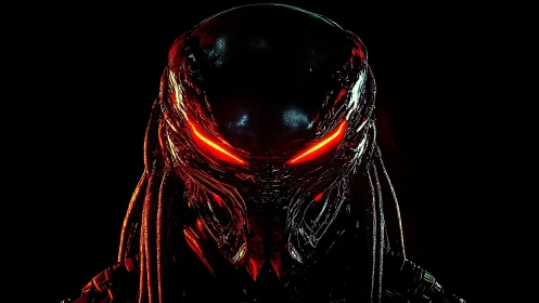 Bioluminescent cyber-hunter helm with asymmetric thermal glare.