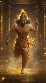 Divine warrior sprinting through golden temple firestorm.