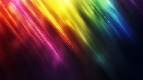 Diagonal rainbow light streaks glide across dark gradient