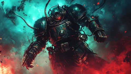 Heavily armored sci fi soldier in fiery energy field.