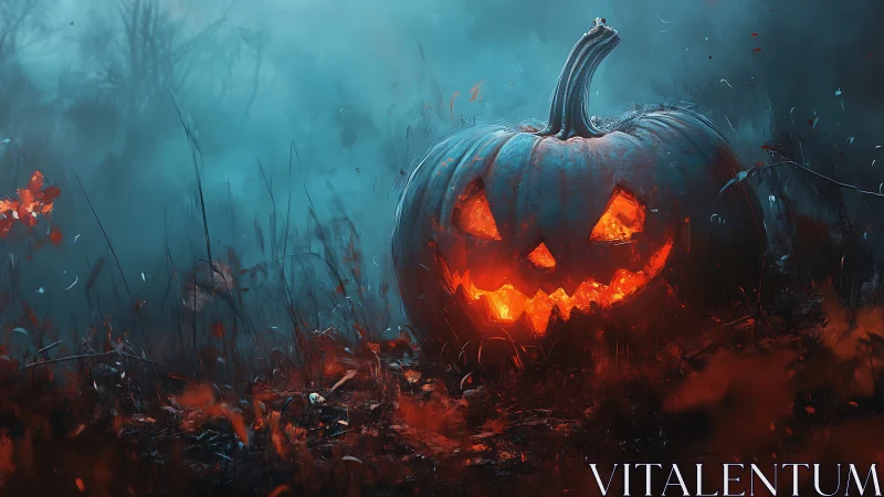 Glowing jack-o-lantern grinning in a misty autumn forest.