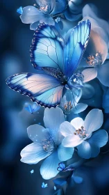 Blue butterfly rests among glowing blue-white blossoms