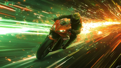 Motorcycle and rider traverse luminous streaked tunnel space