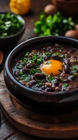 Rustic bean cauldron crowned with a golden egg sun.