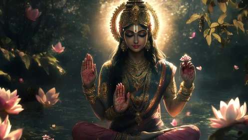 Golden crowned deity meditates in lotus-filled water garden