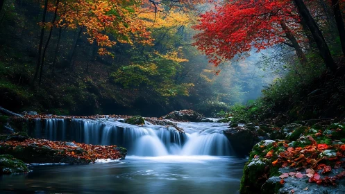 Waterfall flows through forested gorge with bright autumn foliage