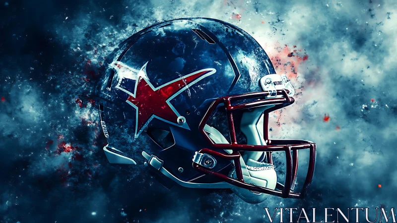 Glowing red-star football helmet emerges in cosmic vapor field