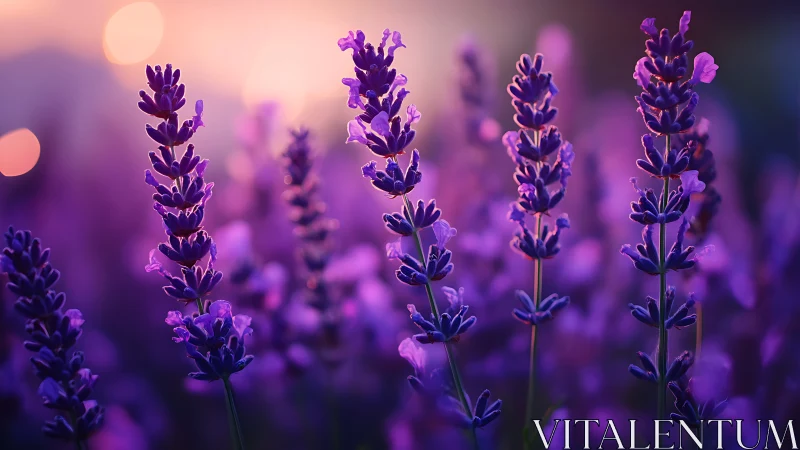 Purple Lavender Field with Bokeh Sunset - Macro Botanical Photography
