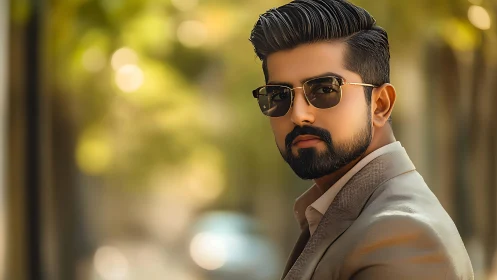 Stylized male portrait in warm bokeh street environment