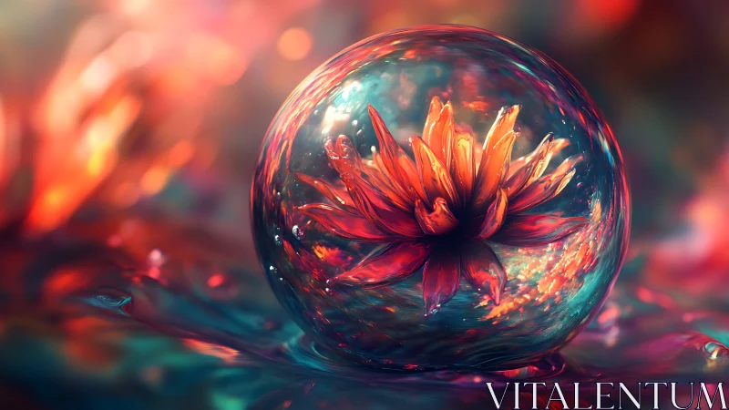 Luminous orange flower enclosed inside iridescent glass sphere