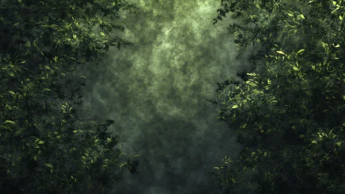 Misty Forest Canopy with Dappled Light Filtering Through.