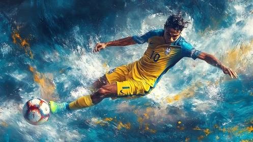 Dynamic slide tackle in abstract blue and gold motion field