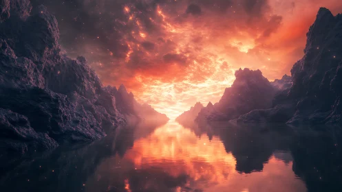 Stellar-lit alien canyon lake under incendiary red nebula sky