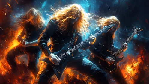 Explosive metal guitar trio in blazing stage inferno.