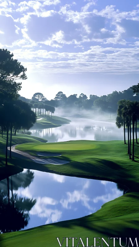 Morning mist over reflective lakeside golf fairways.