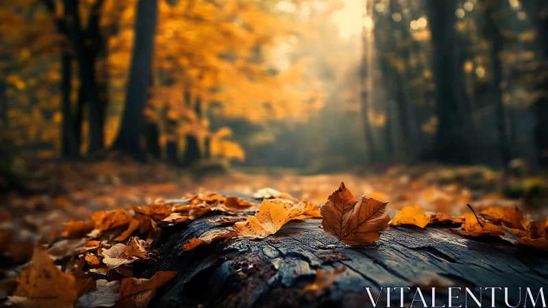 Shallow depth of field isolates autumn leaf on textured forest log
