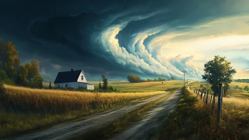 Storm-swirled country road under a brooding celestial funnel.