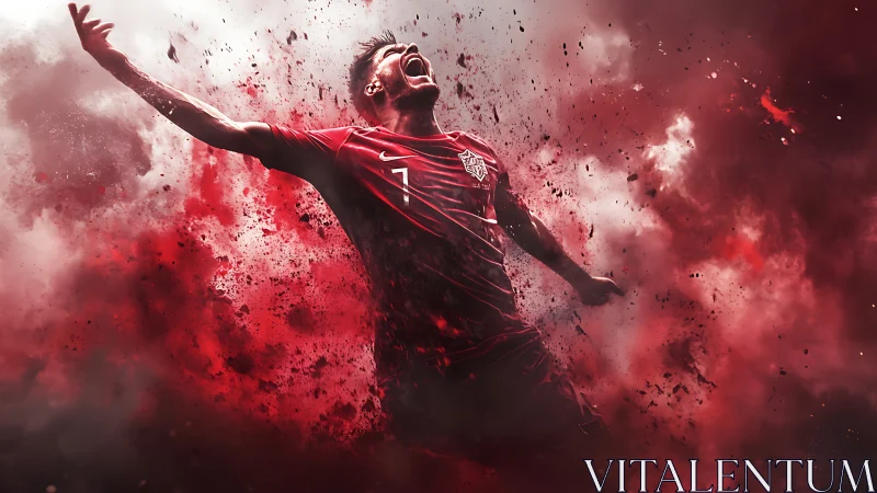 Roaring soccer player celebrates in a storm of red energy