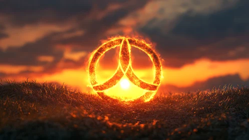 Fiery circular sigil burns against a glowing sunset horizon.