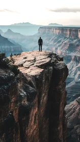 Solitary figure surveys stratified canyon from sheer cliff edge